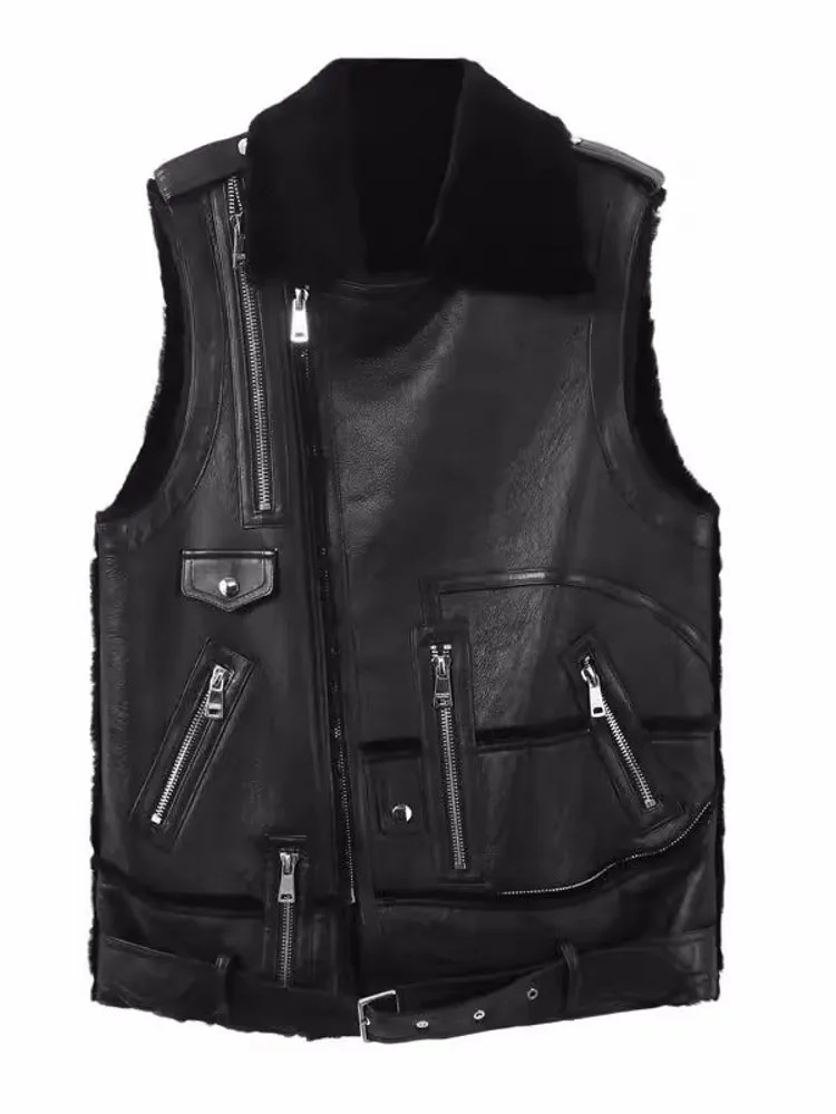 Punk Style Women Warm Wool Lining Shearling Sleeveless Jacket Mid Long Moto Biker Genuine Leather Vest Autumn Casual Waistcoat 240513