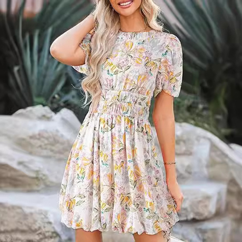 Floral Print Short Sleeve Flared Midi Dress summer dresses for women Bohemian round neck puff sleeves tie back gathered high waist beach floral mini d