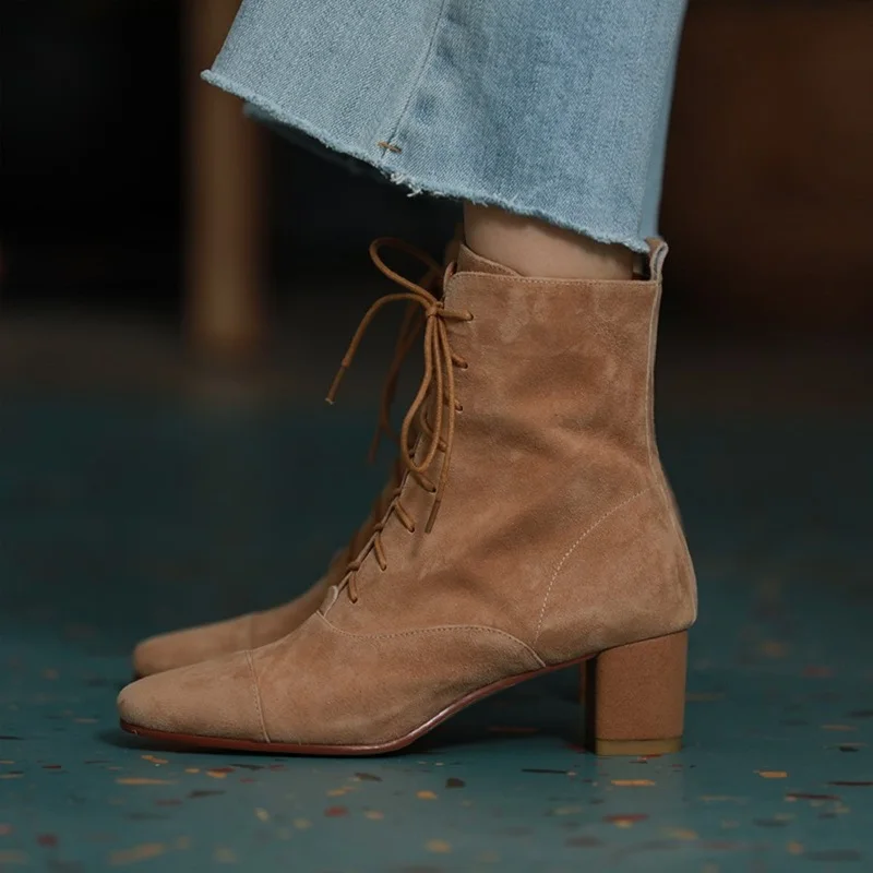 Modern Women's Ankle Boots Winter Shoes Thick Heel Woman Boots Simple Style Women Shoes On Heel Kid Suede French Retro Shoes