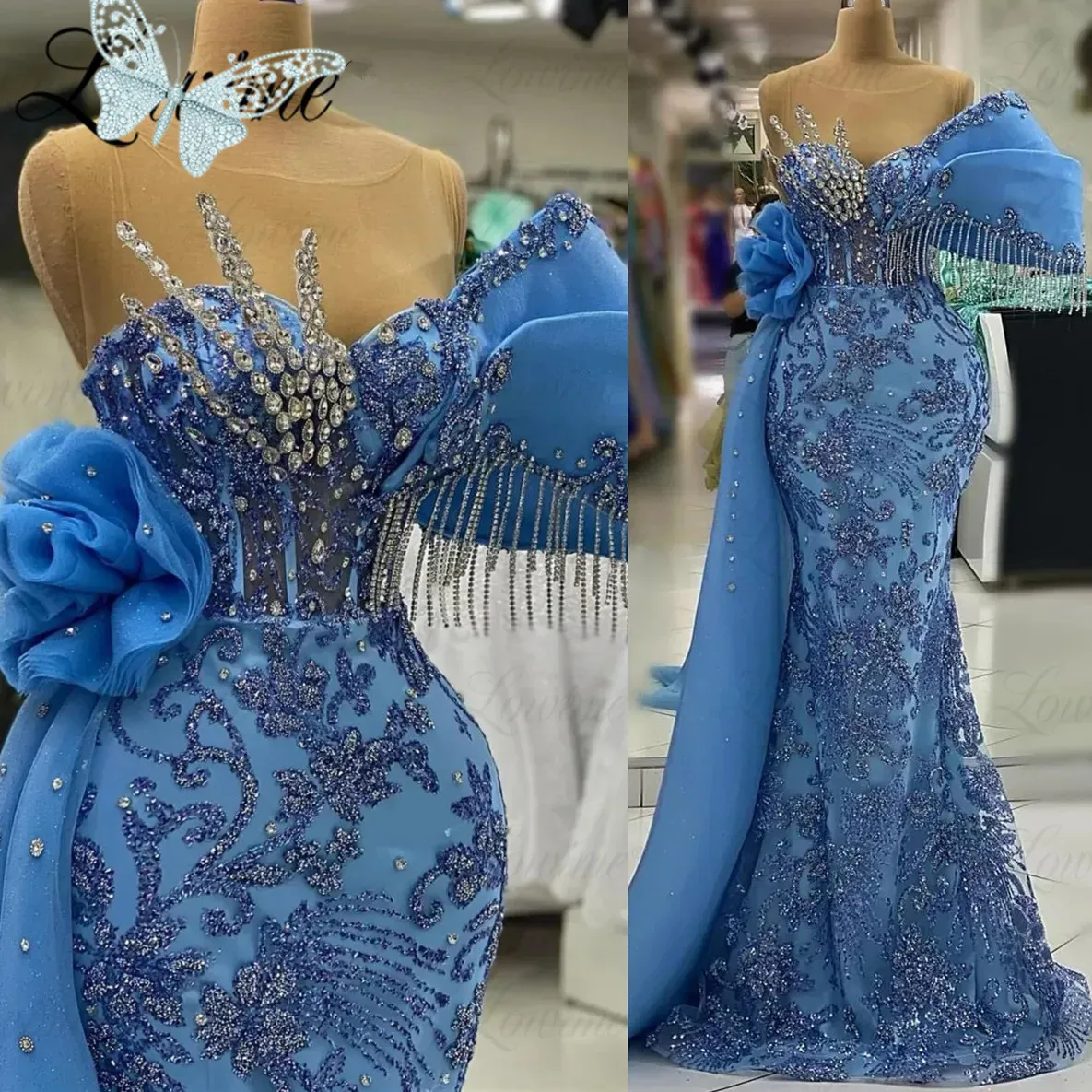 Long Blue Party Dress With Side Train Mermaid Tassel Beaded Crystals Elegant Evening Gowns Arabic Celebrity Prom Dresses Bc