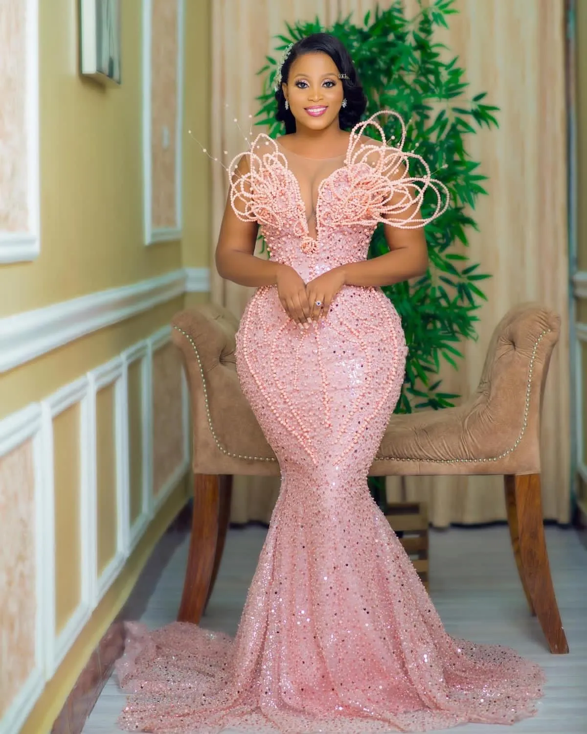 Sparkly Pink Sequins Beaded Mermaid Evening Dresses Sheer Jewel Neck 2024 African Arabic Aso Ebi Prom Dress Long Shiny Pageant Special Occasion Gowns 
