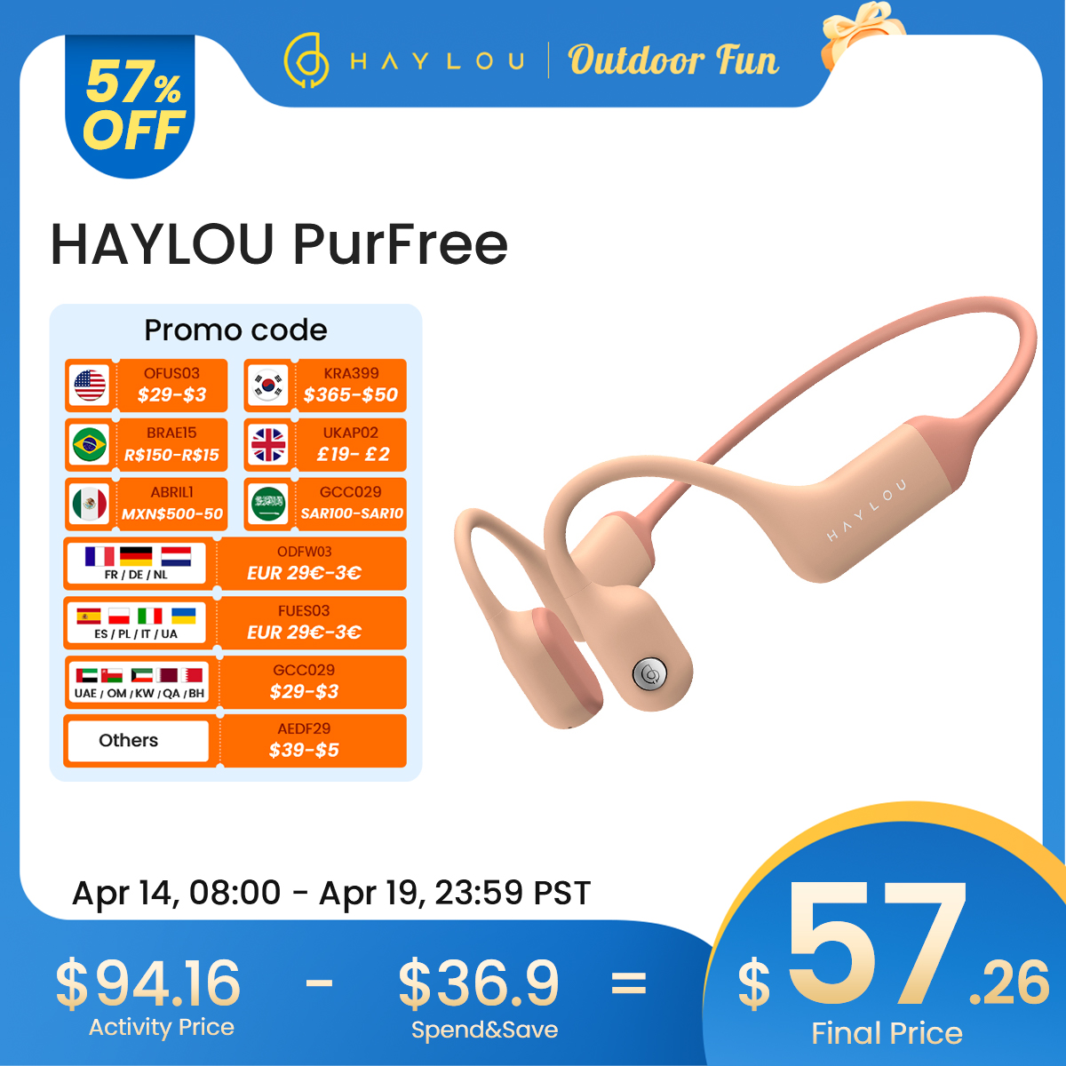 HAYLOU Purfree BC01 Wireless Bone Conduction Earphones Qualcomm3044 Bluetooth 5.2 Open-Ear Design Headphones Sports Headset