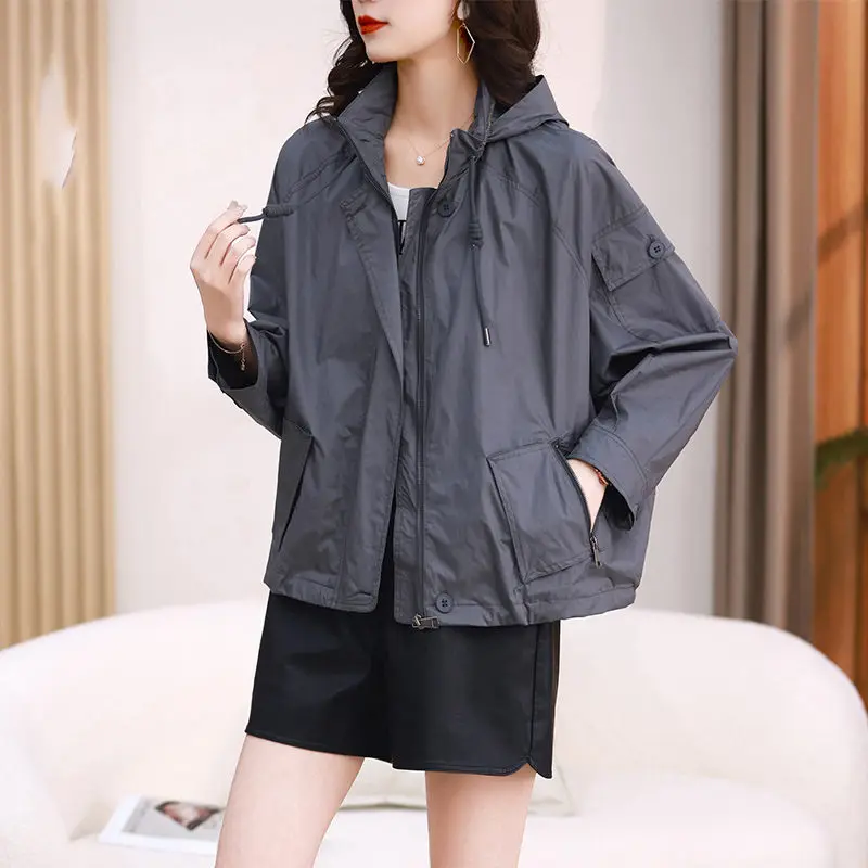 Spring Autumn Trench 2023 ddmysmile Coat Women's Wear Korean Loose Hooded Long Sleeve Casual Short Windbreaker Outerwear Z1087 Smile