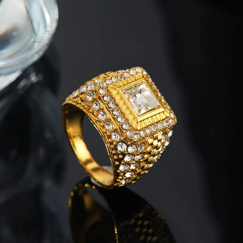 Gold-color Men 1pcs Ring Hip Hop Trendy Street Handmade Point Glass Rhinestones Multiple Sizes Available Zinc Alloy Jewelry smile