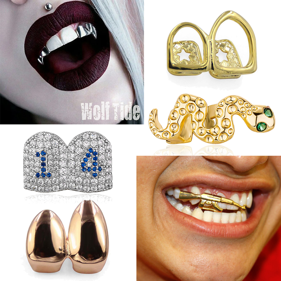 Hip Hop 2 Teeth Grillz Braces Cubic Zirconia Dental Mouth Fang Grills Tooth Cap Cosplay Halloween Cosplay Party Vampire 18k Real Gold Rapper Piercing 
