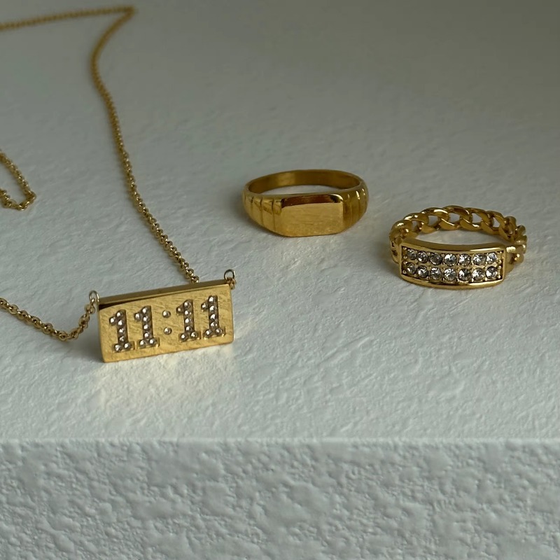 Chain For Man 11 Zircon Alarm Clock Design Square woman necklace Necklace - 18K Gold Plated Tarnish Free Stainless Steel Crystal