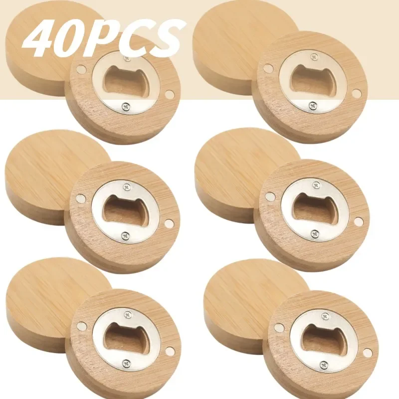 Beer Opener 40Pcs Bottle Bamboo Round Bottle Opener Coaster Fridge Magnet ddmysmile For Kitchen Party Bar Wedding Decor Gift Smile