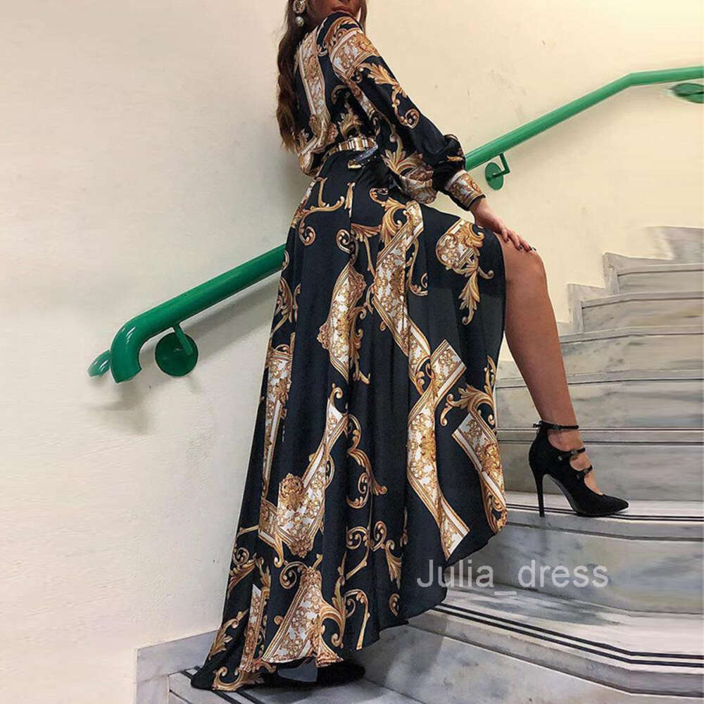 New Womens Court Style Printed Long Sleeved Dress Floor Mopping Shirt Skirt
