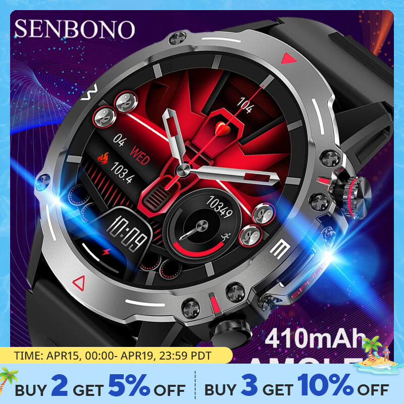 SENBONO AMOLED Military Rugged Smartwatches Men HD Screen Heart Rate Bluetooth Call NFC Ai Voice Fitness Smart Watches for Men