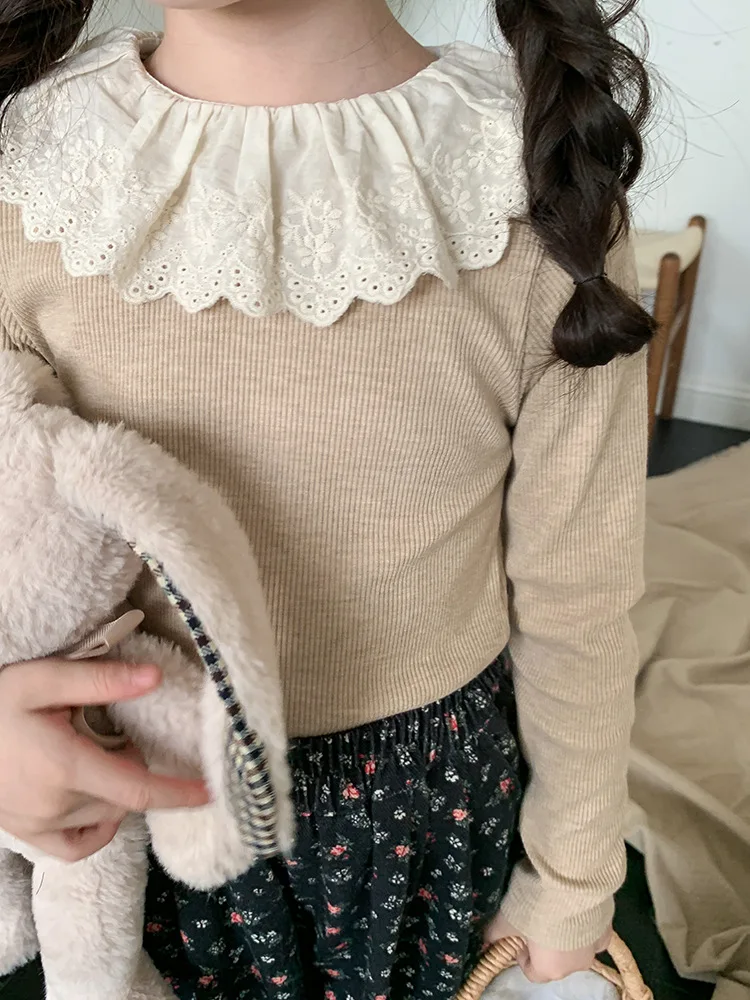 Jonmi 2023 Autumn Deer New Korean Style Baby Girls Lace ddmysmile Collar T-Shirts Long Sleeve Sweet Tops Children Casual Tees Smile