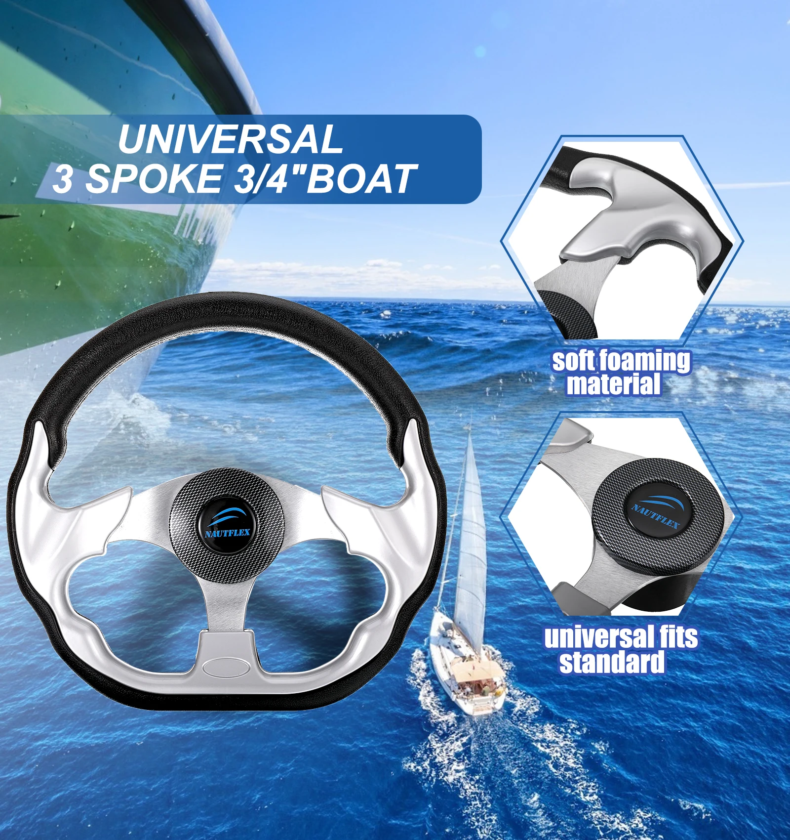 Steering Detachable Boat Wheel 3 Spokes 3/4-Inch Shaft Outdoor Rowing Boats ddmysmile Kayak Helm Hardware With Center Cap Smile /4-Inch