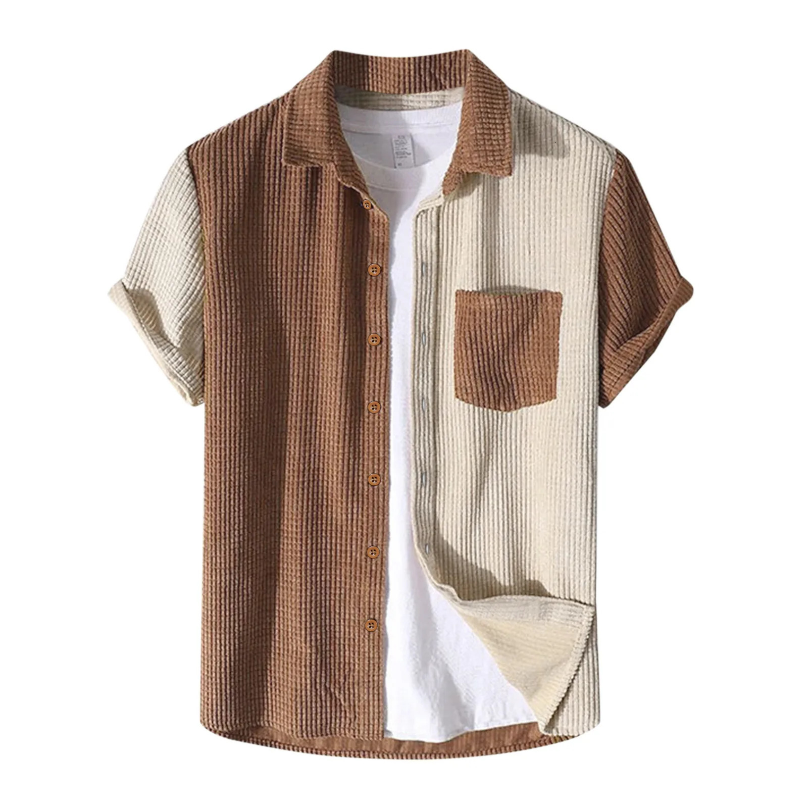 Male Corduroy Summer Sets Beach Short Sleeve Shirt Patchwork Drawstring Shorts Set With Pocket Men Suits Conjuntos De Hombre 240524