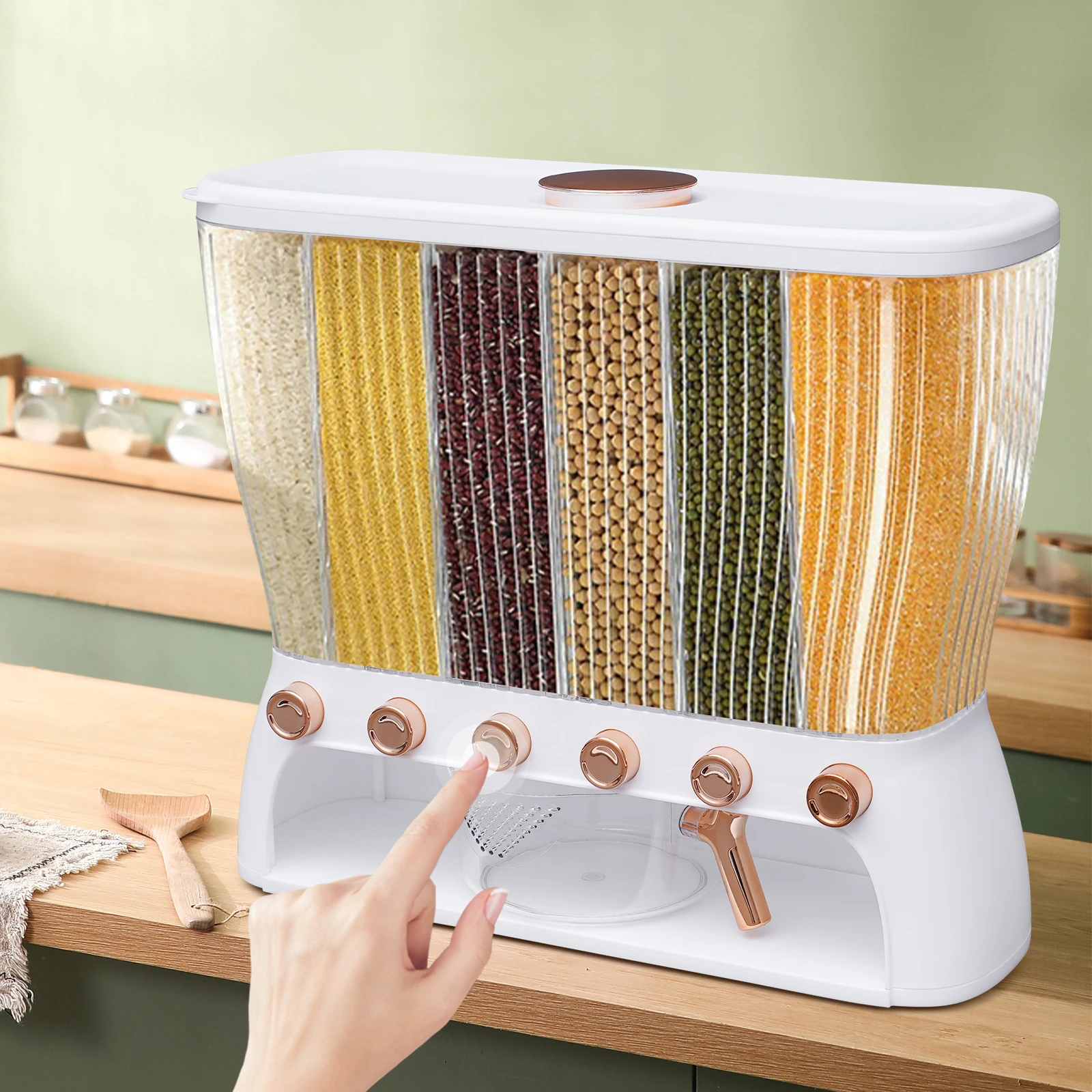 Home Dry Food Dispenser Wall Mounted 6 Grid Beans Cereals Organizer Rice Dispenser Kitchen Storage Box new with 2025 Measuring Cup