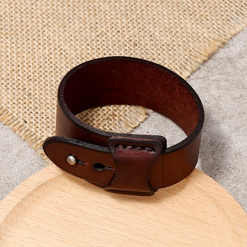Genuine Kirykle Vintage Men Leather Bracelets Wide Brown Cuff Wrap Bracelets&Bangles Punk Charm Wristband Women Men Jewelry Gift smile &Bangles