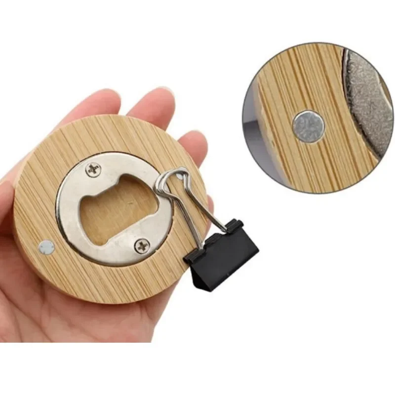 Beer Opener 40Pcs Bottle Bamboo Round Bottle Opener Coaster Fridge Magnet ddmysmile For Kitchen Party Bar Wedding Decor Gift Smile