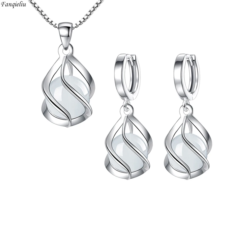 ddmysmile Sier Fanqieliu Solid Needle Hollow Spiral Opal Pendant Necklace Drop Earrings Jewelry Sets For Women Trendy New Fql23089 Smile