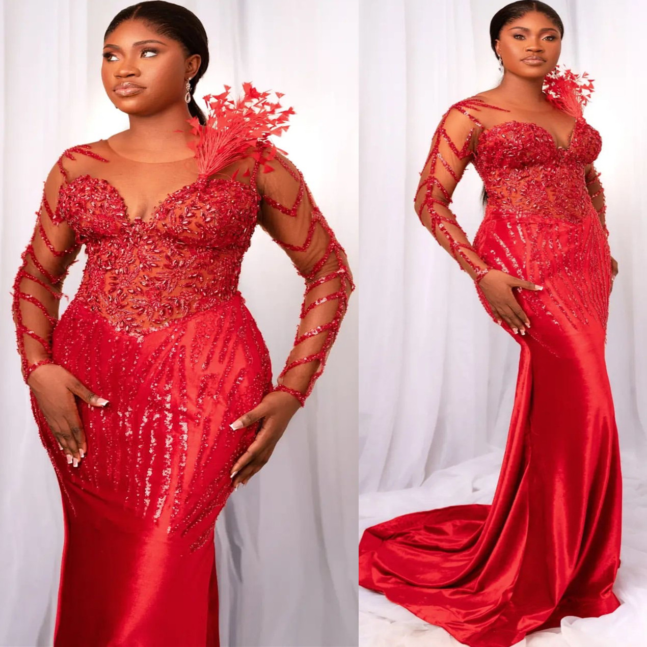 2024 Plus Size Aso Ebi Red Mermaid Prom Dress Beaded Lace Crystals Velvet Evening Formal Party Evening Birthday Engagement Second Thanksgiving Dresses
