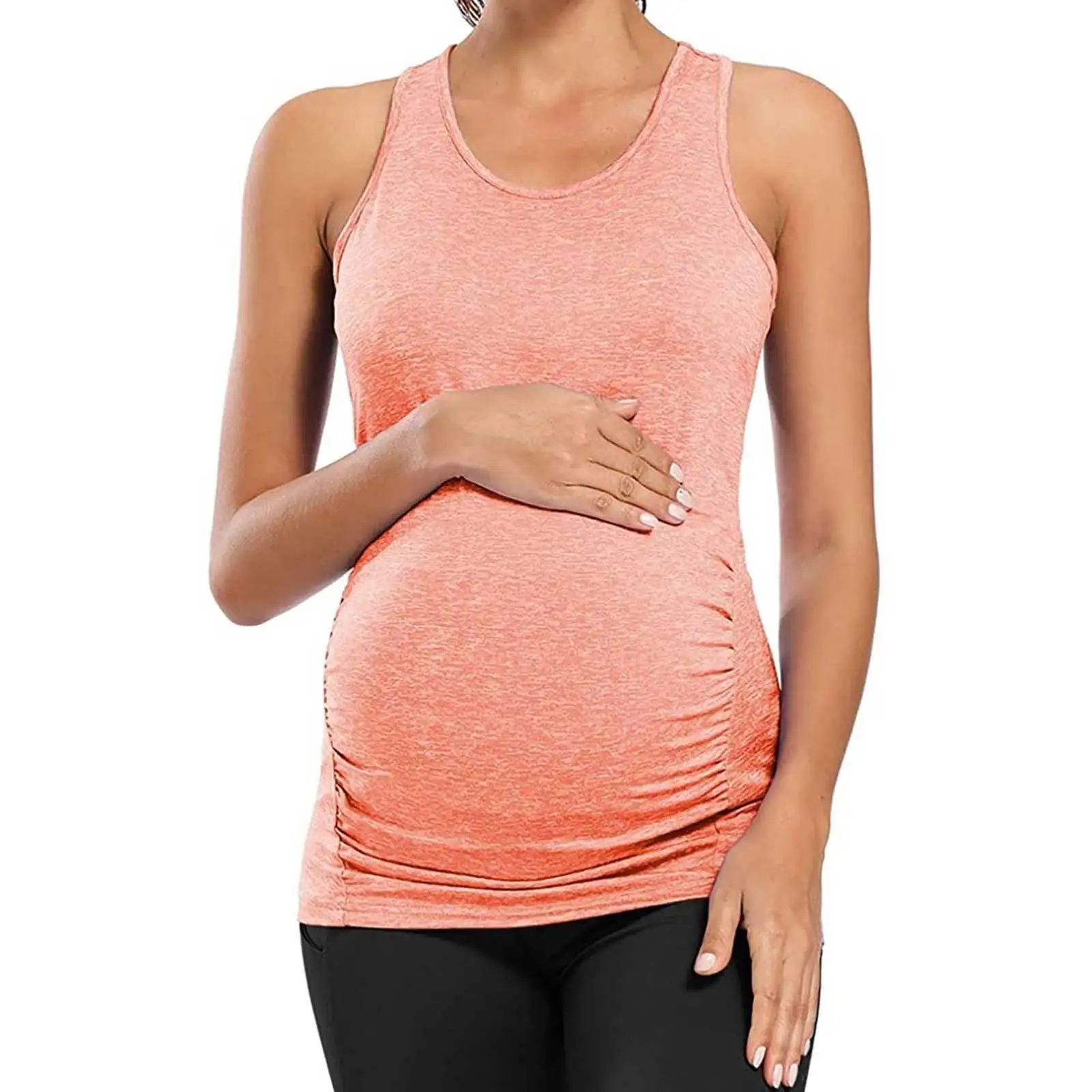 Size Plus Clothings Maternity Tops Womens Pregnant Workout Athletic Yoga Tank Top Pregnancy Racer Back Side Ruched Casual Tops smile