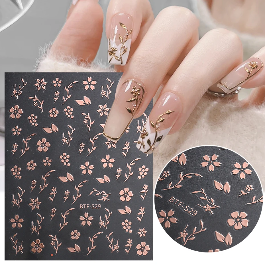 Flowers Nails Stickers Sakura Rose Gold White Cherry Blossom Foliage Gorgeous Florals Manicure 3D Nail Charming Ornament BTF-S29 smile