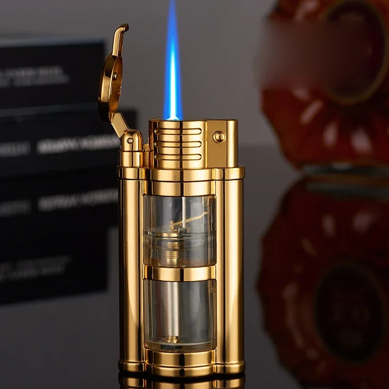Mechanical Modeling Butane Gas Lighter Metal Outdoor Windproof Red Flame Turbo Jet Transparent Air Window Cigarette Lighter Gift
