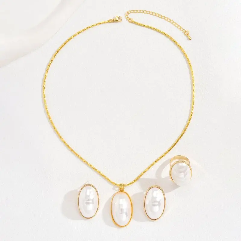 Oval Korean Pearl Chain Necklace Earring Ring Set For Women Natural Pearl Gold Plated Adjustable Ring Jewelry Set smile