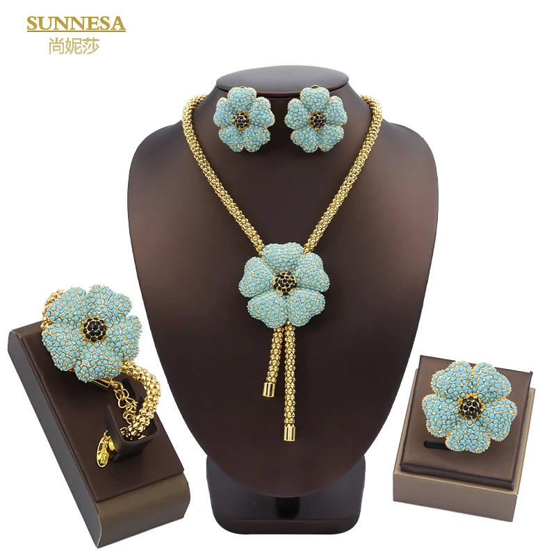 Rhinestone Dubai SUNNESA Jewelry Set for Women Green Flower Pendant Necklace African Clip Earrings Bracelet Rings Sets smile