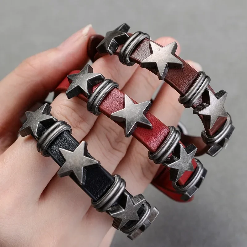 Star Cowboy Bracelet Vintage Wrap Leather Men Punk Rock Pentagram Spikes Rivet Gothic Wide Cuff Bangle Y2K Jewelry Accessories smile