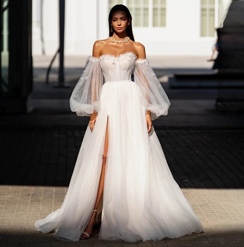 2024 Exquisite Sweetheart Beach Wedding Dresses Off The Shoulder Puff Sleeve Lace Appliques Bridal Gowns Vestido De Novia Customed