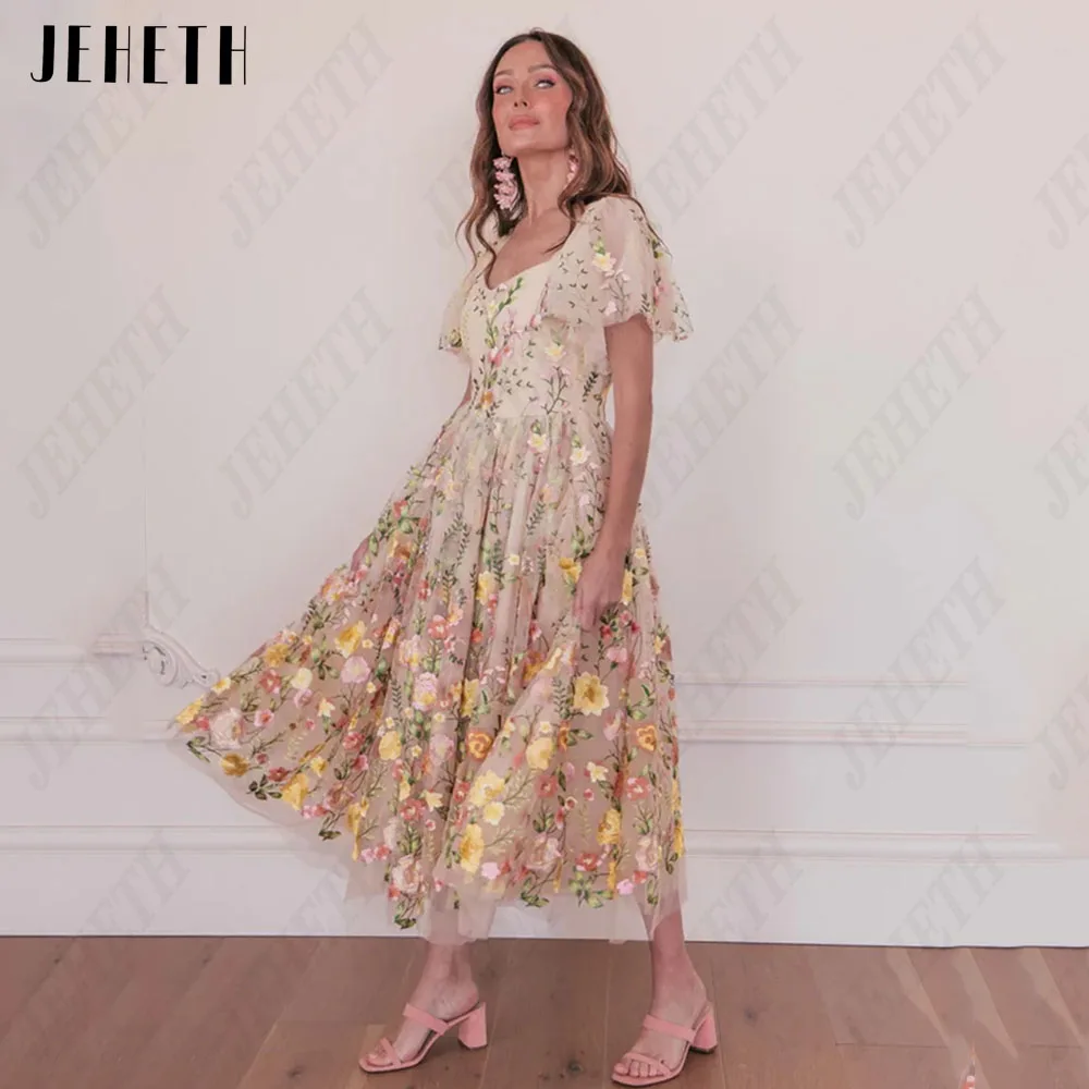 JEHETH Floral A-Line Lace Prom Dresses Embroidery V-Neck Short Sleeves Tulle Tea-Length 2025 new Vestidos De Gala Formal Party Gowns