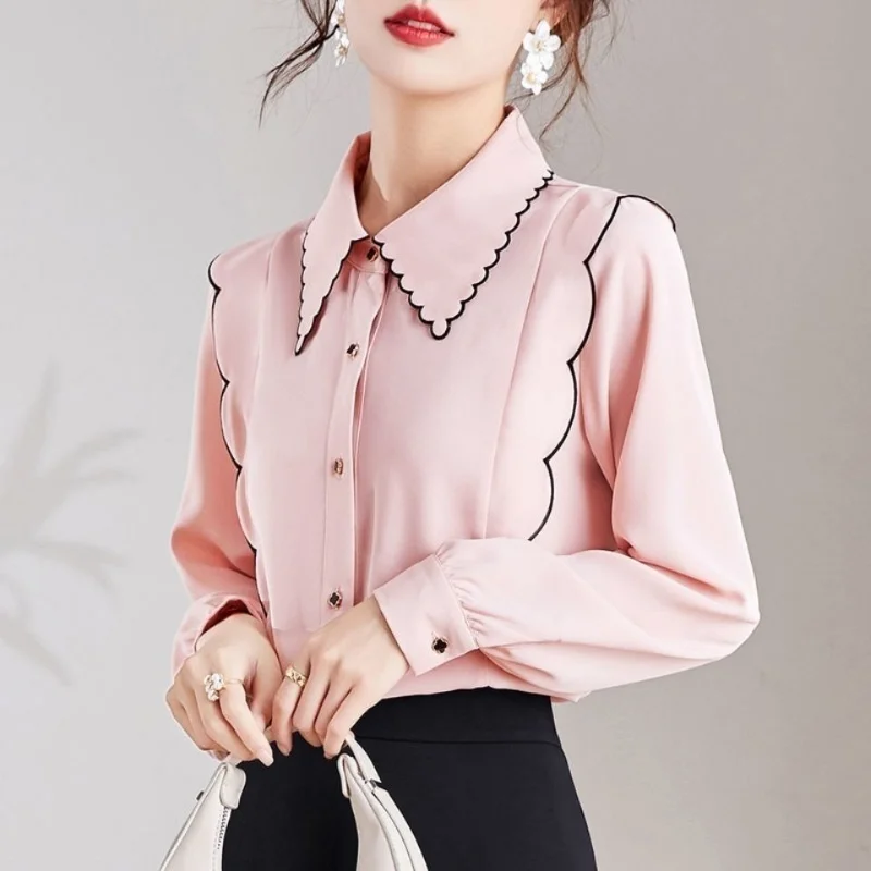 Women's Commuting Simplicity Versatile Clothing Autumn and Winter New Splice Buttons POLO Collar Long Sleeved Solid Color Shirt smile
