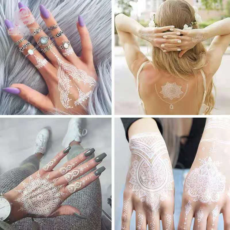 White Henna Tattoos for Women Waterproof Temporary Tattoos Body Art Mehndi Sticker for Hand Hena Water Transfer Tattoo