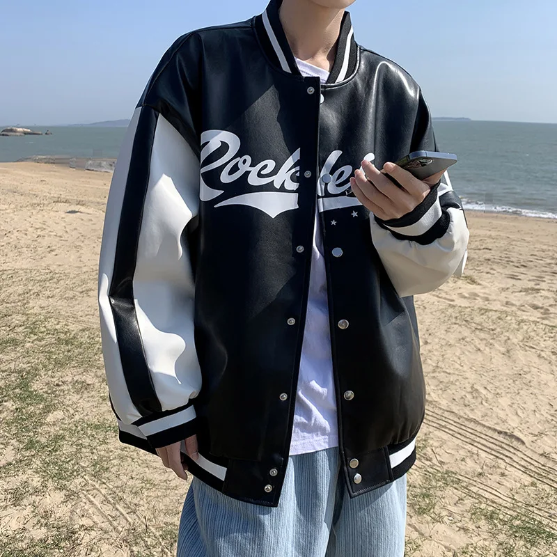 American Vintage Leather Jacket Men Spring Patchwork Letter Print Biker Baseball Jackets Unisex Y2k Streetwear Bomber Coat 2023