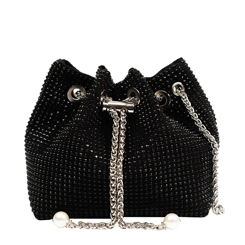 Quilted Drawstring Rhinestone Shining Bucket Bag W/Chain Crossbody Crystal Handbag Dia Shoulder ddmysmile Purse Evening Festive Gifts Smile