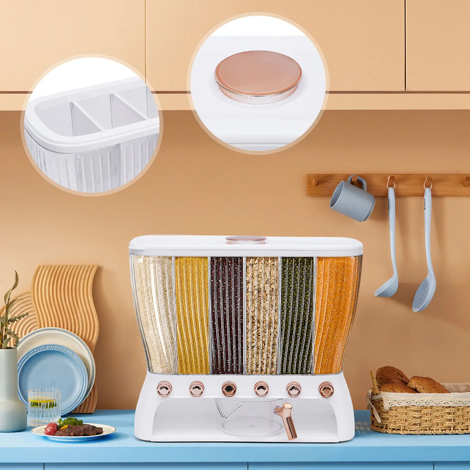 Home Dry Food Dispenser Wall Mounted 6 Grid Beans Cereals Organizer Rice Dispenser Kitchen Storage Box new with 2025 Measuring Cup