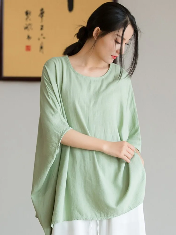 Johnature Bat Sleeve Women Linen T-Shirts Solid Color Loose Tops O-Neck Summer New 2024 Women Clothes Original Vintage Tshirts smile