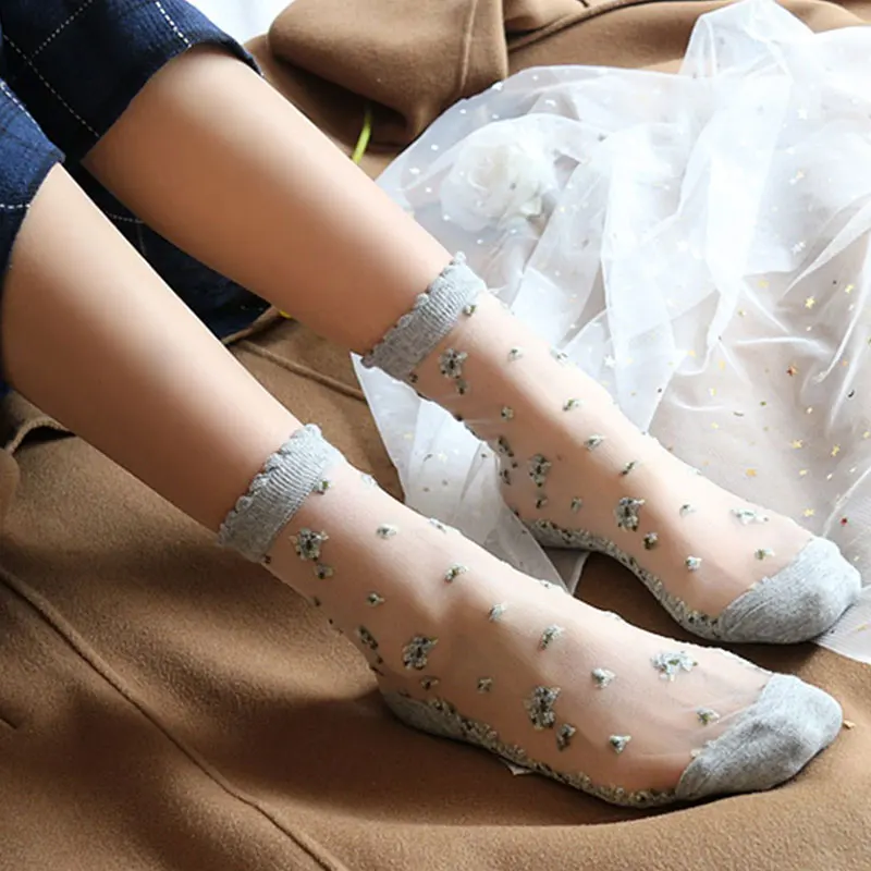 Flower Socks Summer Translucent ddmysmile Women Ultra-Thin Ankle Socks Girl 'S Silk Elastic Mesh Japanese Style Jacquard Short Sockings Smile �
