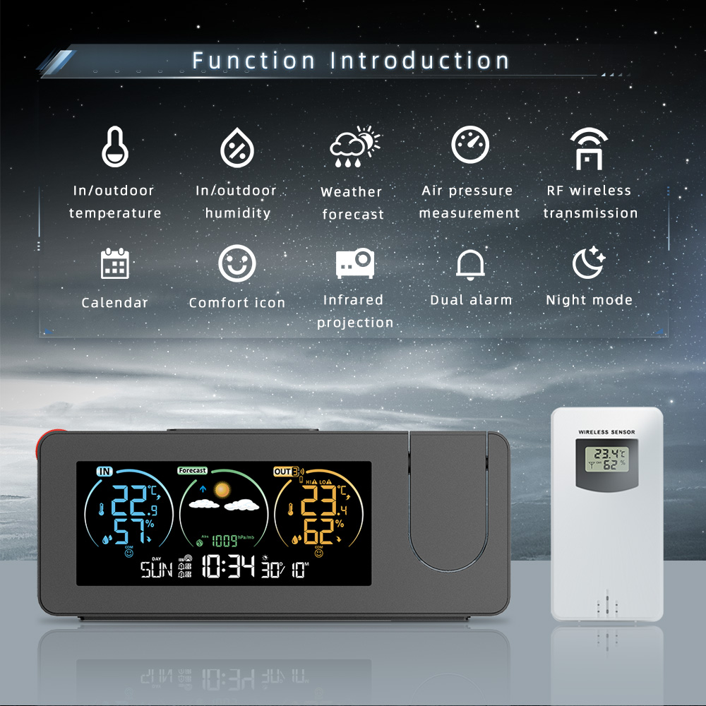 Thermometer Station Outdoor/Indoor Weather Electronic Projection Weather Forecast Temperature and Humidity Digital Alarm Clock smile