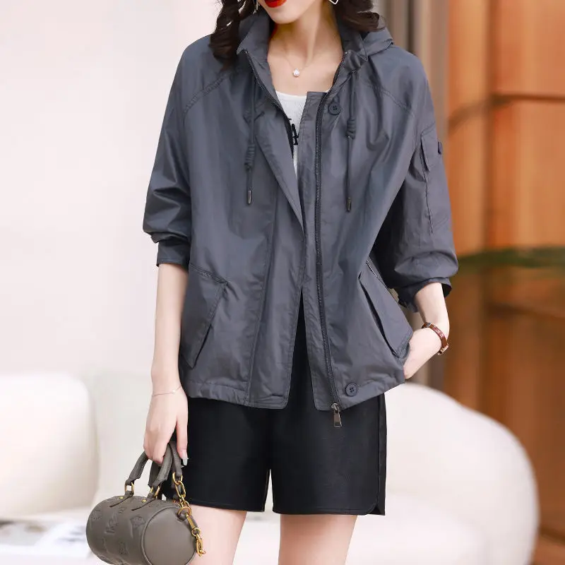 Spring Autumn Trench 2023 ddmysmile Coat Women's Wear Korean Loose Hooded Long Sleeve Casual Short Windbreaker Outerwear Z1087 Smile