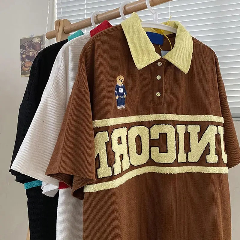 Mens Waffle Bear Polo Shirt Short Sleeve Tshirt Womens Summer Loose Embroidered Halfsleeved Turndown Collar Buttons Top Tees 240517
