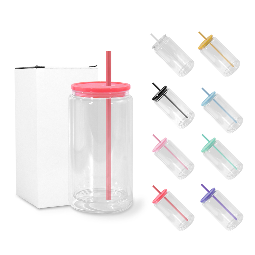 16oz Plastic Snow Globe tumbler double wall arylic tumblers with colorful lids and straw for Vinyl UV DTF sticker Summer Drinkware Mason Jar drinking 