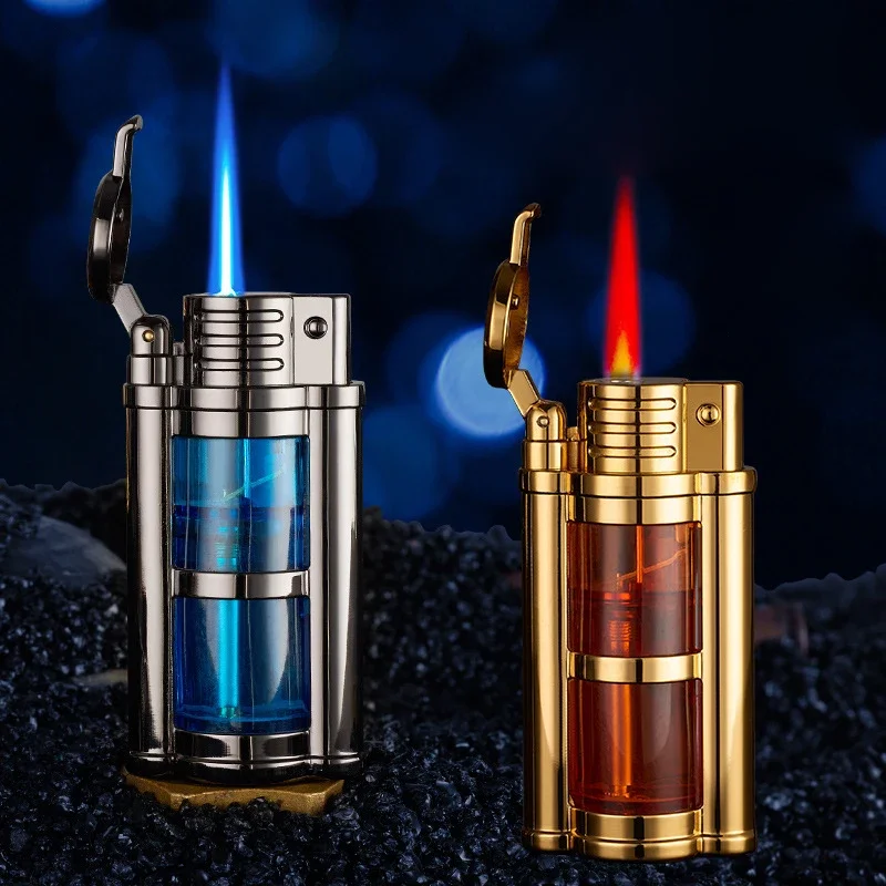 Mechanical Modeling Butane Gas Lighter Metal Outdoor Windproof Red Flame Turbo Jet Transparent Air Window Cigarette Lighter Gift