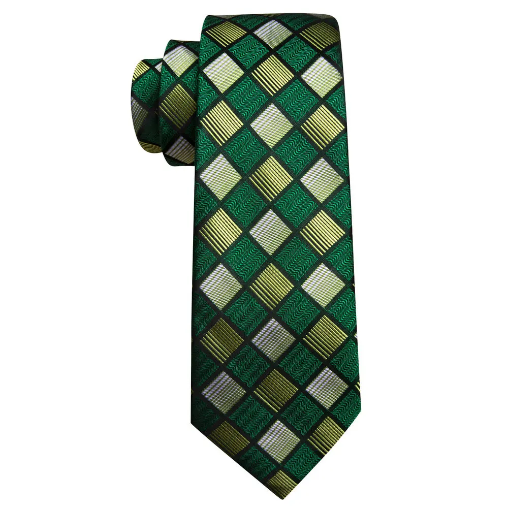 Men's Tie Brown Green With Pocket Square Cufflink Set New Plaid Silk Suit Necktie For Male Formal Designer Party Barry.Wang 6645 smile