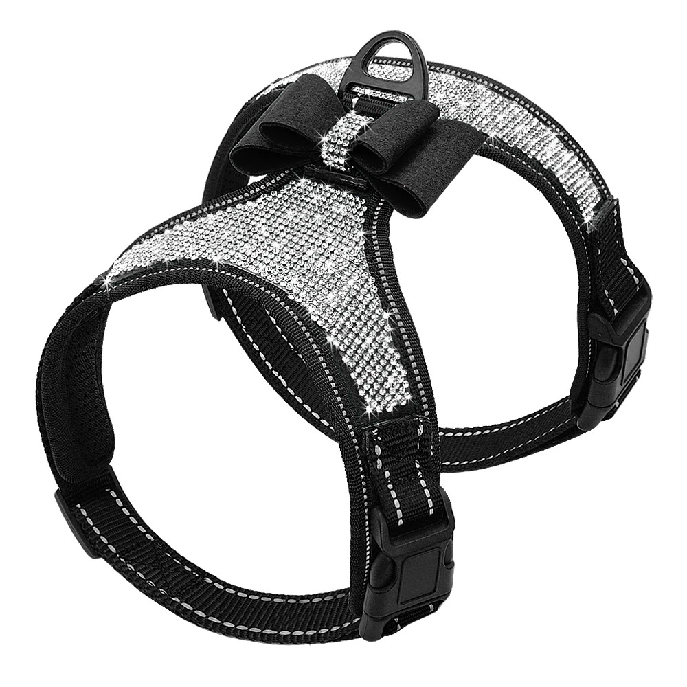 Pet Dog Harness Reflective Nylon Pitbull Pug Small & Medium Harnesses Vest Bling Rhinestone Dog Bowknot Supplies