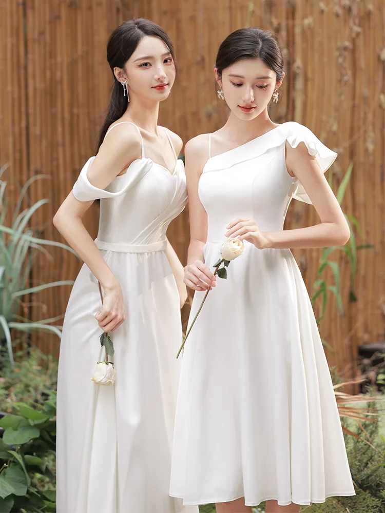 for Elegant Bridesmaid Dresses Women Korean Stylish One Shoulder A-Line Sister Group Gown Lady Simple White Party Dress smile