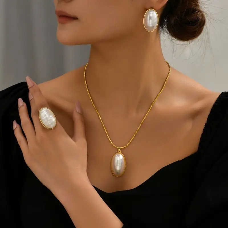 Oval Korean Pearl Chain Necklace Earring Ring Set For Women Natural Pearl Gold Plated Adjustable Ring Jewelry Set smile