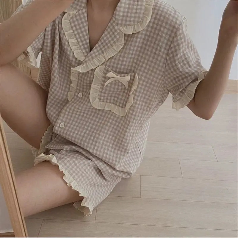 Korean Pajama for Women Summer Loungewear Sleepwear Sets Girls Sweet Plaid Lapel Pyjama Kawaii Ruffle Pijama Japanese Home Suit 240527