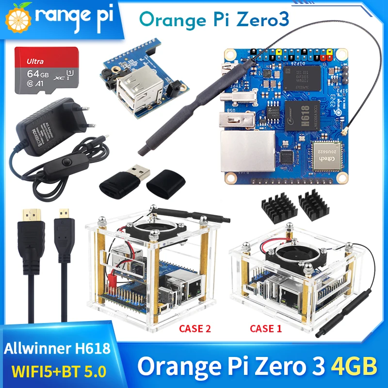 Orange Pi Zero 3 4GB RAM Allwinner H618 64-Bit WiFi5+BT 5.0 Gigabit Ethernet Optional Acrylic Case Fan Heatsink Android Debian