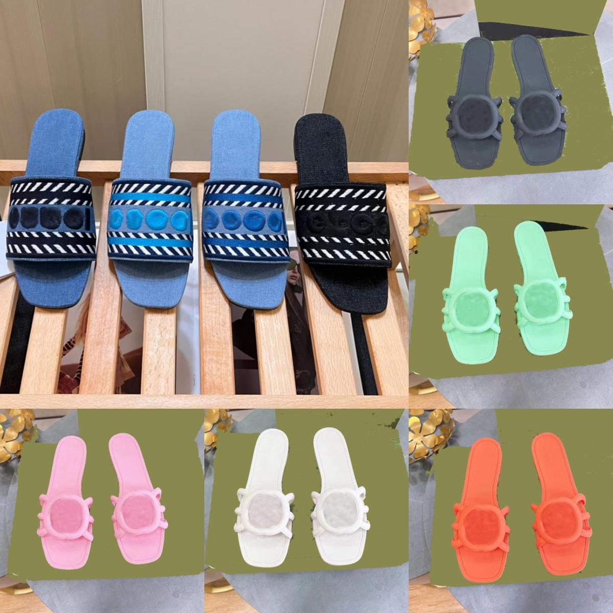 New Designer Denim slippers flat slides sandals web rubber slide Blue pink black floral canvas blue green flowers strawberry print slipper womens casual sandal shoe