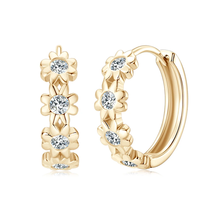 Yellow Gold Anziw Plated Women's ddmysmile Earrings Delicate Flower Hoops 2.2Mm Real Moissanite Sier Certified Jewelry Wedding Smile