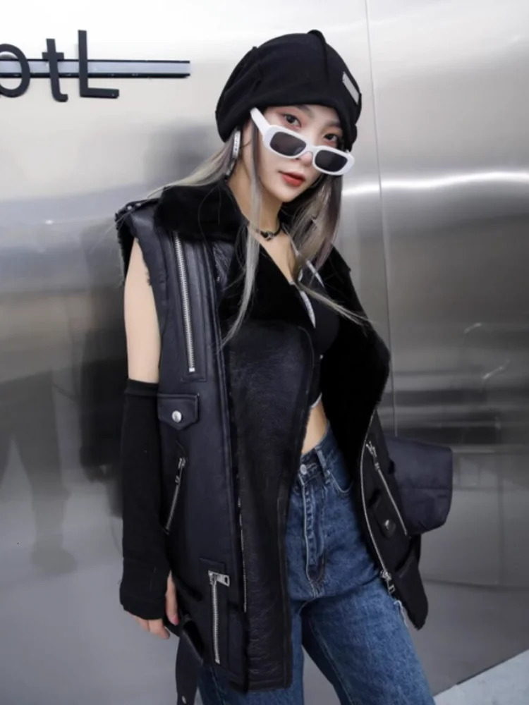 Punk Style Women Warm Wool Lining Shearling Sleeveless Jacket Mid Long Moto Biker Genuine Leather Vest Autumn Casual Waistcoat 240513